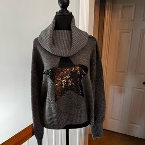 For The Republic Gray Sequin Star Cowl Neck Sweater